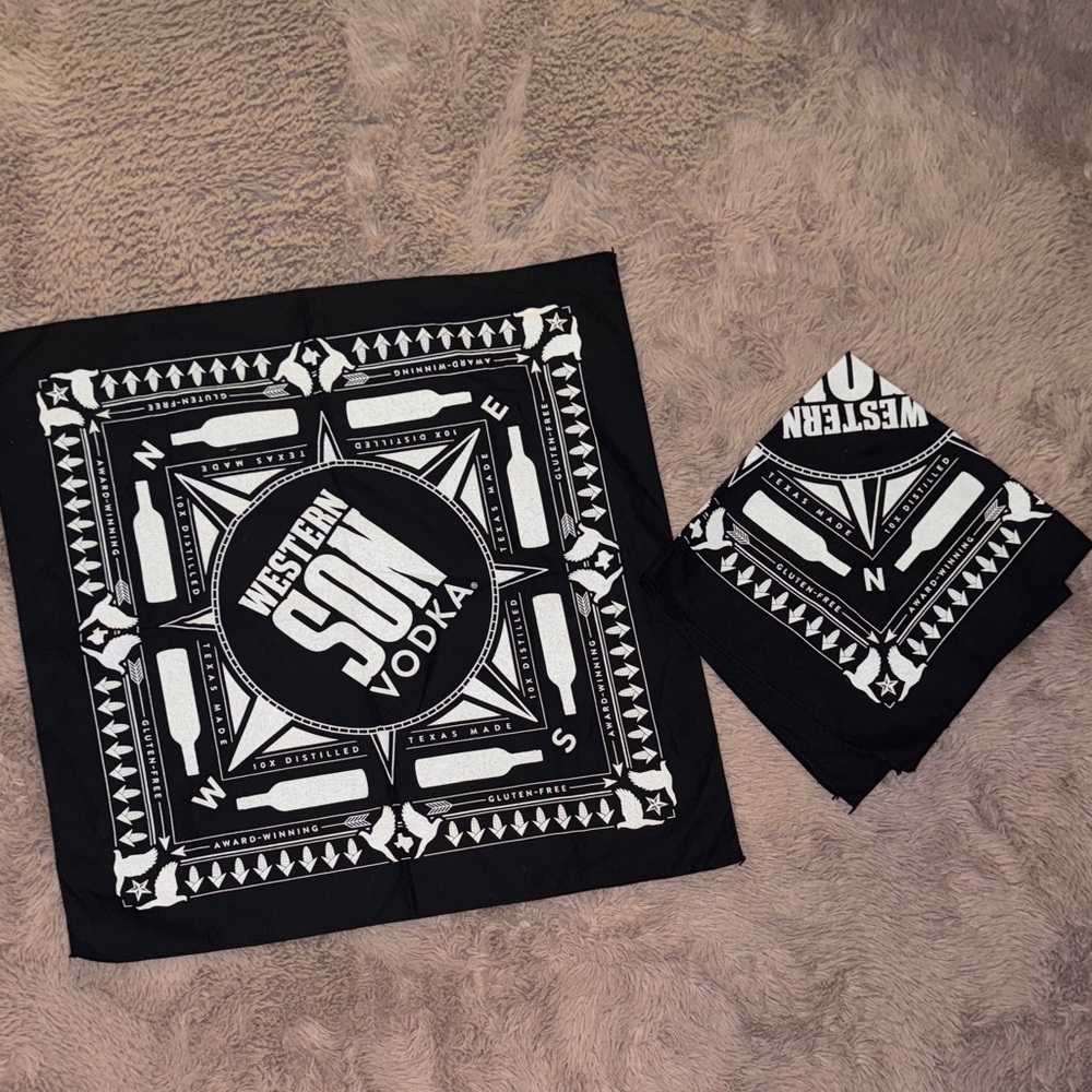 Bandana Set of 2 black & white Western Son Vodka Texas Made award winning hankie